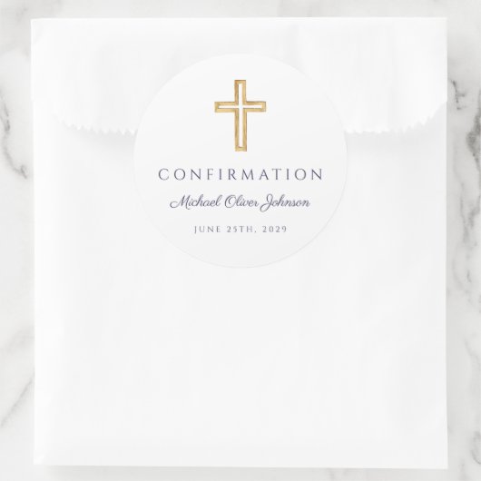 Modern Navy Blue Religious Cross Boy Confirmation ラウンドシール (バッグ)