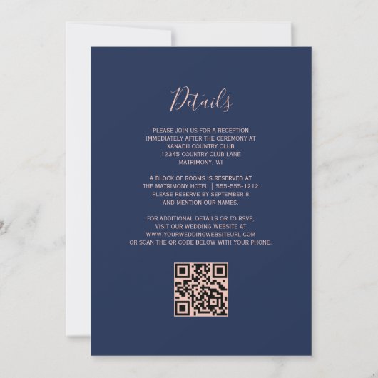 Modern Navy Blue Rose Gold Glitter QR Code Wedding 招待状 (裏面)
