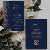 Modern Navy Blue Rose Gold Glitter QR Code Wedding 招待状