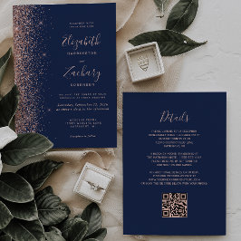Modern Navy Blue Rose Gold Glitter QR Code Wedding 招待状