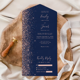 Modern Navy Blue Rose Gold Glitter Wedding オールインワン招待状