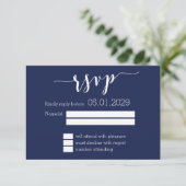 Modern Navy Blue Script Wedding RSVP Card (スタンド正面)