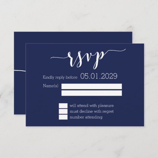 Modern Navy Blue Script Wedding RSVP Card (正面/裏面)
