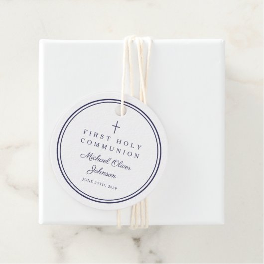 Modern Navy Blue Thank You Boy First Communion フェイバータグ (インサイチュ)