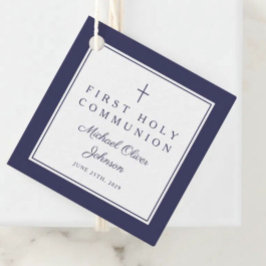 Modern Navy Blue Thank You Boy First Communion フェイバータグ