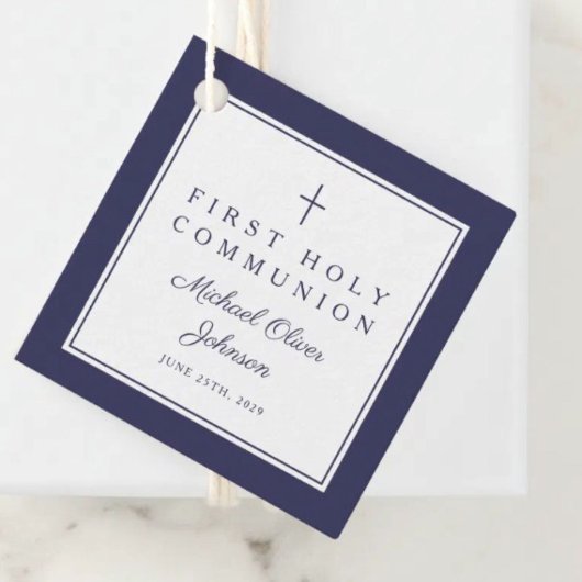 Modern Navy Blue Thank You Boy First Communion フェイバータグ