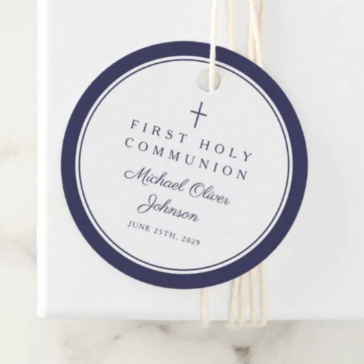Modern Navy Blue Thank You Boy First Communion フェイバータグ
