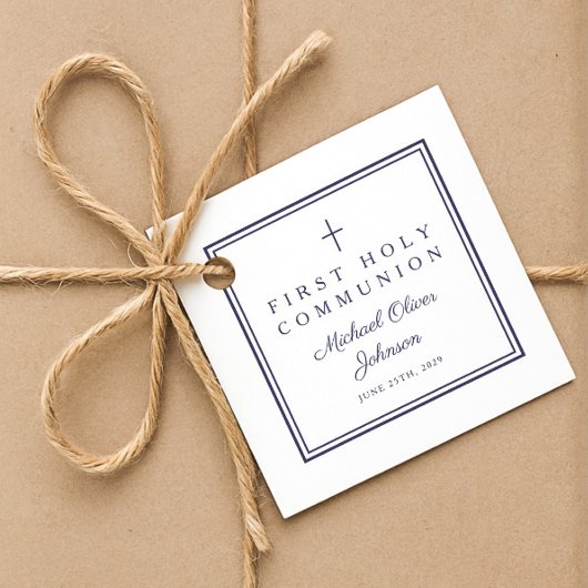 Modern Navy Blue Thank You Boy First Communion フェイバータグ
