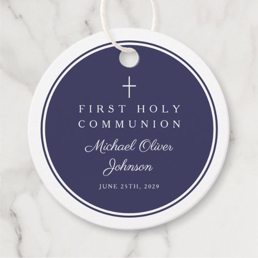 Modern Navy Blue Thank You Boy First Communion フェイバータグ (正面)
