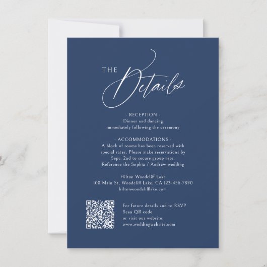 Modern Navy Blue Wedding QR Code Details ノートカード (正面)