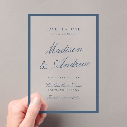 Modern Navy Border Wedding Save the Date アクリル招待状 (インサイチュ (ポータブル))