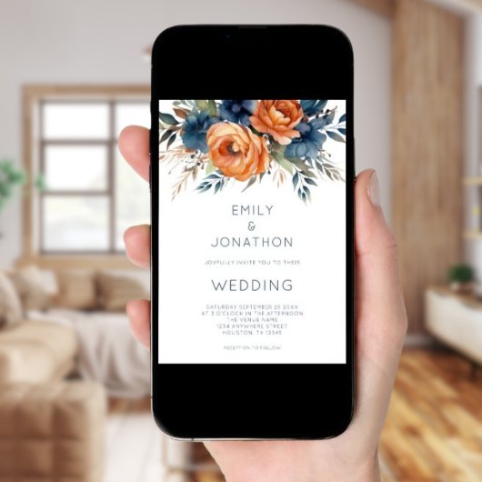 Modern Navy Burnt Orange Florals QR Code Wedding 招待状