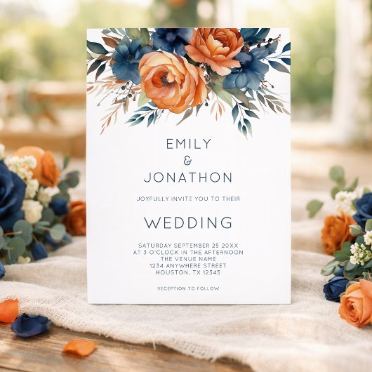 Modern Navy Burnt Orange Florals QR Code Wedding 招待状
