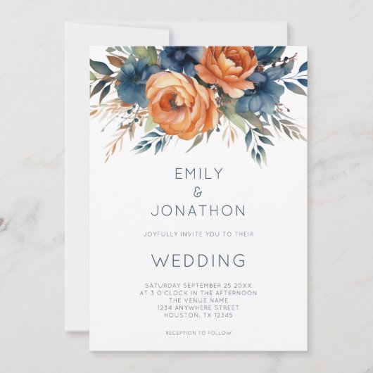 Modern Navy Burnt Orange Florals QR Code Wedding 招待状 (正面)