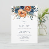 Modern Navy Burnt Orange Florals QR Code Wedding 招待状 (スタンド正面)