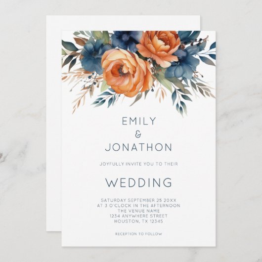 Modern Navy Burnt Orange Florals QR Code Wedding 招待状 (正面/裏面)