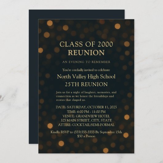Modern Navy Gold 25th Reunion Party Invitation 招待状 (正面/裏面)