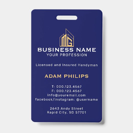 Modern Navy Gold Geometric Building バッジ (正面)