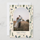 Modern Navy Holly & Pine Leaves Arch Photo シーズンカード (正面)