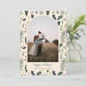 Modern Navy Holly & Pine Leaves Arch Photo シーズンカード (スタンド正面)