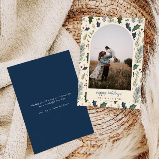 Modern Navy Holly & Pine Leaves Arch Photo シーズンカード