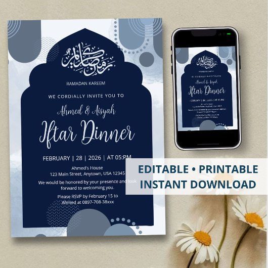 Modern Navy Iftar Invitation  withGeometric Arch 招待状