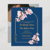 Modern Navy Photo Floral Wedding Invitation (正面/裏面)