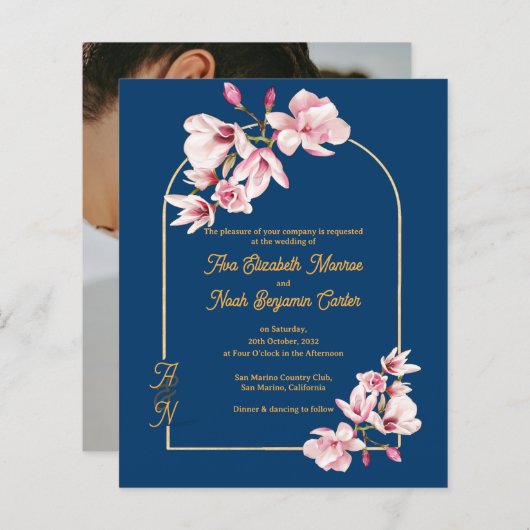 Modern Navy Photo Floral Wedding Invitation (正面/裏面)
