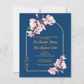 Modern Navy Photo Floral Wedding Invitation (正面)