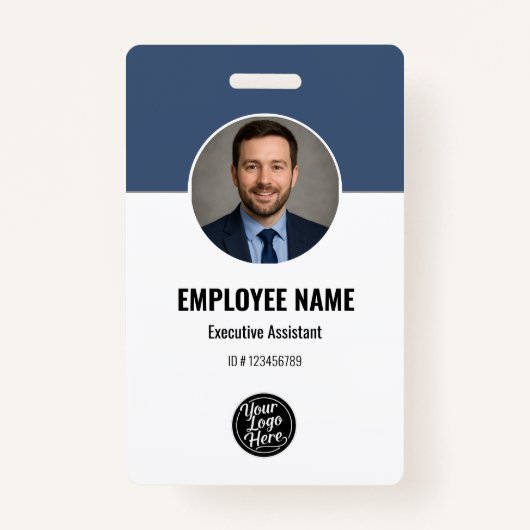 Modern Navy White Photo ID Employee QR Code バッジ (正面)