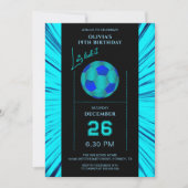 Modern Neon Blue Soccer Birthday Invitation Card 招待状 (正面)