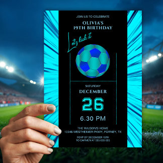 Modern Neon Blue Soccer Birthday Invitation Card 招待状