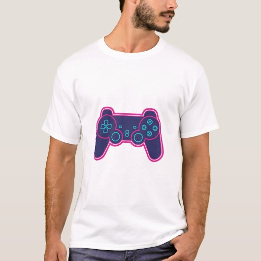 Modern Neon Gaming Controller White Cotton T-Shirt Tシャツ (正面)