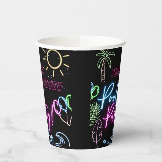 Modern Neon Glow Black Pool Party Birthday 紙コップ (左)