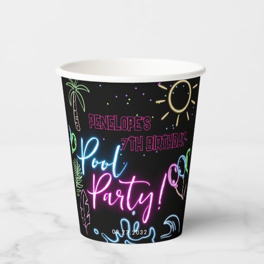 Modern Neon Glow Black Pool Party Birthday 紙コップ (正面)