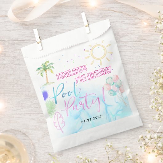 Modern Neon Glow Watercolor Pool Party Birthday フェイバーバッグ (クリップ留めされた状態)