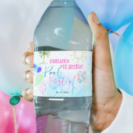 Modern Neon Glow Watercolor Pool Party Birthday ペットボトルラベル