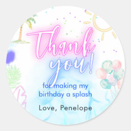 Modern Neon Glow Watercolor Pool Party Thank you ラウンドシール