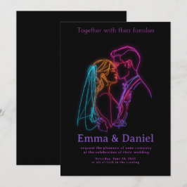 Modern Neon Line Art Couple Wedding Invitation 招待状