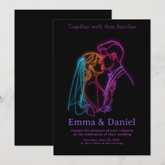 Modern Neon Line Art Couple Wedding Invitation 招待状
