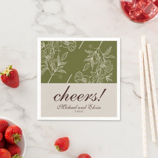 Modern Neutral Floral Cheers Personalized Wedding スタンダードカクテルナプキン (インサイチュ)