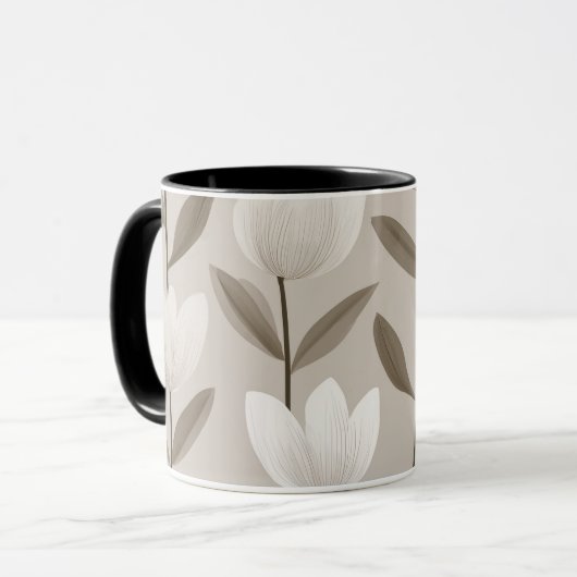 Modern Neutral Tulip Ivory Floral Pattern マグカップ (正面左)
