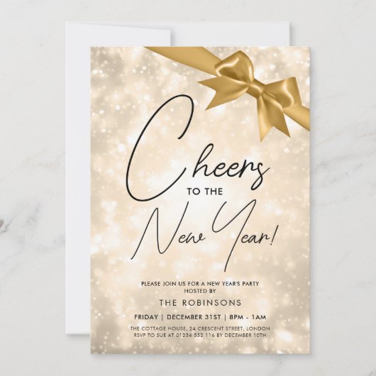 MODERN New Years Eve Gold Champagne Bokeh Gold Bow 招待状 (正面)