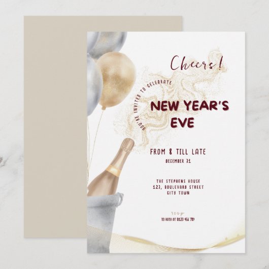 Modern New Year's Eve Party Celebration 2026 招待状 (正面/裏面)