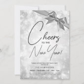 MODERN New Years Eve Silver Champagne Bokeh Bow 招待状 (正面)