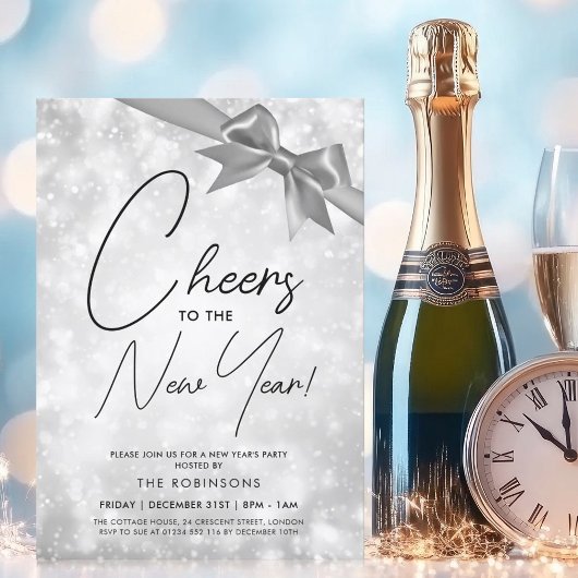 MODERN New Years Eve Silver Champagne Bokeh Bow 招待状