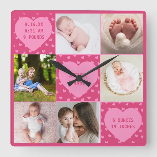 Modern Newborn Baby Personalized 6 Photo Collage  スクエア壁時計 (正面)