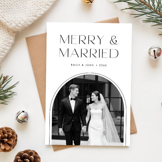 Modern Newlywed Black & White Arch Photo Christmas シーズンカード