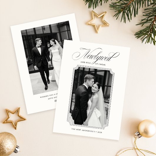 Modern Newlywed Christmas Black & White Photo シーズンカード