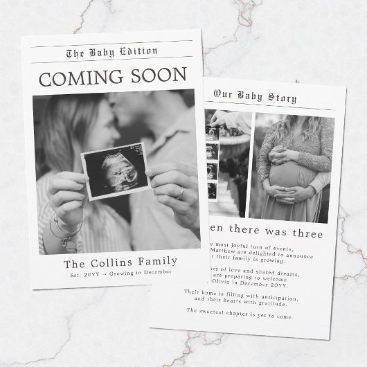 Modern Newspaper Black and White Pregnancy Reveal 案内状
